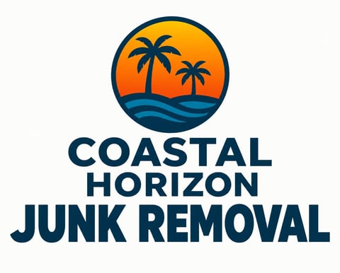 Coastal Horizon Junk Removal logo with palm trees and ocean waves in a circular icon
